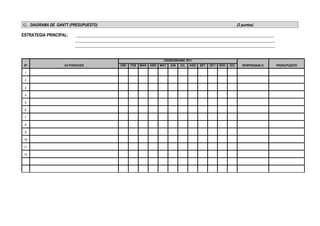 G. DIAGRAMA DE GANTT (PRESUPUESTO)                                                                                    (2 puntos)

ESTRATEGIA PRINCIPAL:     _______________________________________________________________________________________________
                         ________________________________________________________________________________________________
                         ________________________________________________________________________________________________


                                                                       CRONOGRAMA 2011
 Nº                ACTIVIDADES                ENE   FEB   MAR   ABR   MAY   JUN   JUL   AGO   SET   OCT   NOV   DIC      RESPONSABLE   PRESUPUESTO

 1

 2

 3

 4

 5

 6

 7

 8

 9

 10

 11

 12
 