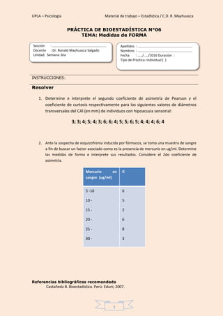UPLA – Psicología Material de trabajo – Estadística / C.D. R. Mayhuasca
2
PRÁCTICA DE BIOESTADÍSTICA N°06
TEMA: Medidas de FORMA
INSTRUCCIONES:
Resolver
1. Determine e interprete el segundo coeficiente de asimetría de Pearson y el
coeficiente de curtosis respectivamente para los siguientes valores de diámetros
transversales del CAI (en mm) de individuos con hipoacusia sensorial:
3; 3; 4; 5; 4; 3; 6; 6; 4; 5; 5; 6; 5; 4; 4; 4; 6; 4
2. Ante la sospecha de esquizofrenia inducida por fármacos, se toma una muestra de sangre
a fin de buscar un factor asociado como es la presencia de mercurio en ug/ml. Determine
las medidas de forma e interprete sus resultados. Considere el 2do coeficiente de
asimetría.
Mercurio en
sangre (ug/ml)
fi
5 -10
10 -
15 -
20 -
25 -
30 -
6
5
2
6
8
3
Referencias bibliográficas recomendada
Castañeda B. Bioestadística. Perú: Eduni; 2007.
Sección : …………………………..………………………...
Docente : Dr. Ronald Mayhuasca Salgado
Unidad: Semana: 6ta
Apellidos : …………………………..………………………….
Nombres : ………………………………..…………………….
Fecha : …../..…/2016 Duración :
Tipo de Práctica: Individual ( )
 
