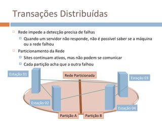 Transações Distribuídas
    Rede impede a detecção precisa de falhas
      Quando um servidor não responde, não é possível saber se a máquina
       ou a rede falhou
    Particionamento da Rede
      Sites continuam ativos, mas não podem se comunicar

      Cada partição acha que a outra falhou


Estação 01                  Rede Particionada
                                                              Estação 03




             Estação 02
                                                       Estação 04
                          Partição A   Partição B
 