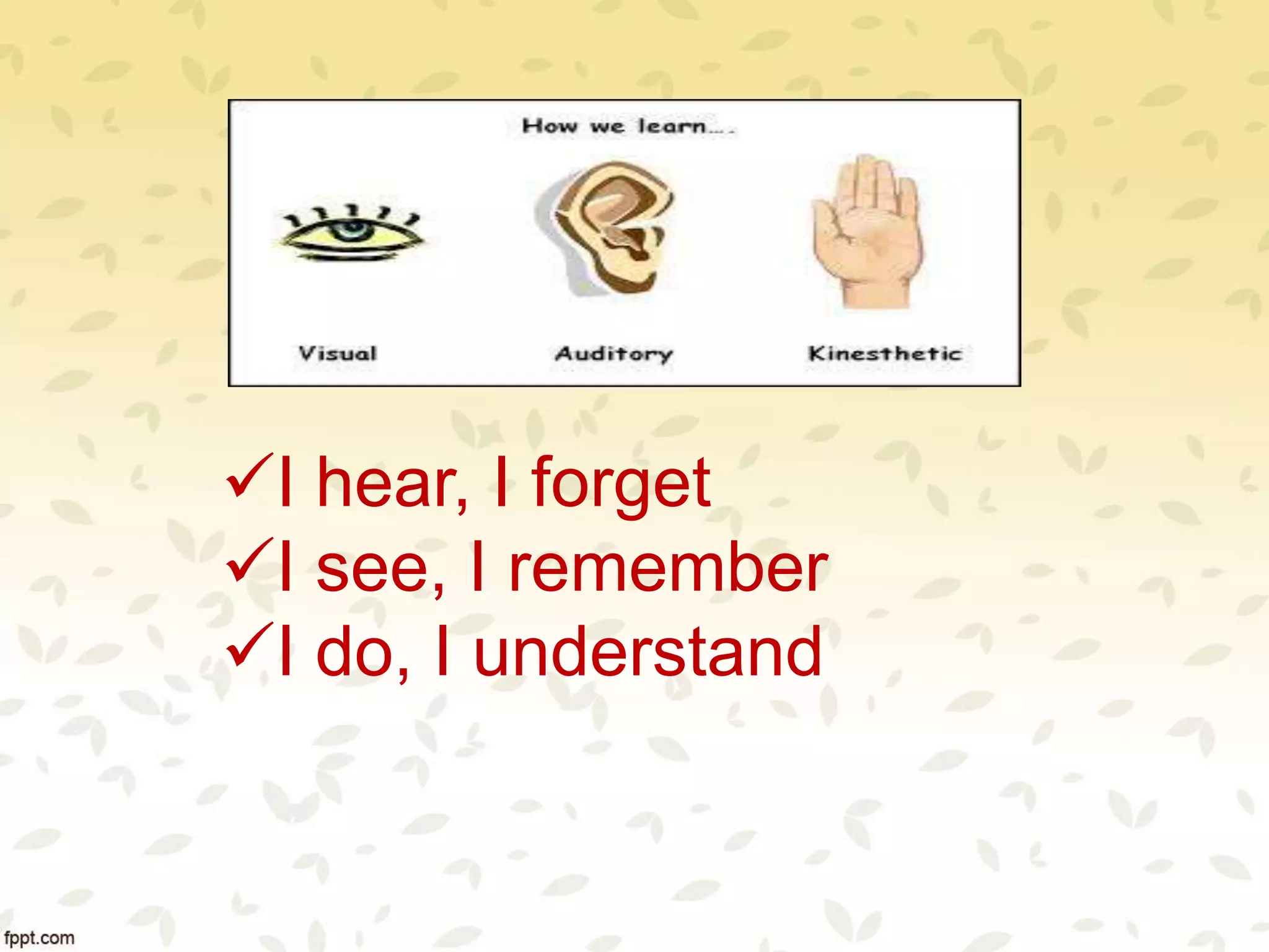 I hear, I forget
I see, I remember
I do, I understand
 