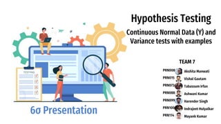 Hypothesis Testing
Akshita Manwati
Tabassum Irfan
Harender Singh
Indrajeet Hulyalkar
Mayank Kumar
Vishal Gautam
Ashwani Kumar
PRN008
PRN073
PRN099
PRN100
PRN114
PRN015
PRN088
TEAM 7
Continuous Normal Data (Y) and
Variance tests with examples
6σ Presentation
 