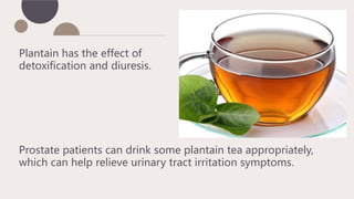 Plantain has the effect of
detoxification and diuresis.
Prostate patients can drink some plantain tea appropriately,
which can help relieve urinary tract irritation symptoms.
 