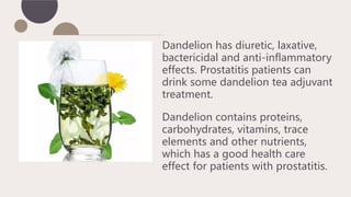 Dandelion contains proteins,
carbohydrates, vitamins, trace
elements and other nutrients,
which has a good health care
effect for patients with prostatitis.
Dandelion has diuretic, laxative,
bactericidal and anti-inflammatory
effects. Prostatitis patients can
drink some dandelion tea adjuvant
treatment.
 