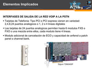 Page  104
Elementos Implicados
INTERFASES DE SALIDA DE LA RED VOIP A LA PSTN
 Tarjetas de Telefonia: Tipo PCI o PCI express vienen en variedad:
2,4,8,24 puertos analogicos o 1, 2 o 4 lineas digitales
 Las tarjetas de 24 puertos analogicos permiten hasta 6 modulos FXS o
FXO o una mezcla entre ellos, cada modulo tiene 4 lineas.
 Modulo adicional de cancelación de ECO y capacidad de anfenol a patch
panel o channel bank.
Digium TDM2400P
 