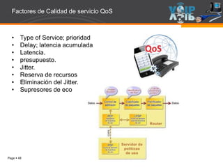 Page  48
• Type of Service; prioridad
• Delay; latencia acumulada
• Latencia.
• presupuesto.
• Jitter.
• Reserva de recursos
• Eliminación del Jitter.
• Supresores de eco
Factores de Calidad de servicio QoS
 