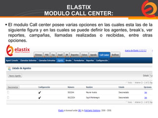 Page  81
ELASTIX
MODULO CALL CENTER:
 El modulo Call center posee varias opciones en las cuales esta las de la
siguiente figura y en las cuales se puede definir los agentes, break’s, ver
reportes, campañas, llamadas realizadas o recibidas, entre otras
opciones.
 