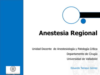 Anestesia Regional
Unidad Docente de Anestesiología y Patología Crítica
Departamento de Cirugía
Universidad de Valladolid
Eduardo Tamayo Gómez
 