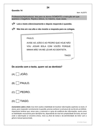 21
1º S/ 2011 Teste1
Questão 14
Item: AL0575
Professor(a)/Aplicador(a): leia para os alunos SOMENTE a instrução em que
aparece o megafone. Repita a leitura, no máximo, duas vezes.
Leia o texto silenciosamente e depois responda à questão.
Não leia em voz alta e não mostre a resposta para os colegas.
De acordo com o texto, quem vai ao dentista?
(A) JOÃO.
(B) PAULO.
(C) PEDRO.
(D) TIAGO.
Comentário sobre o item: Esse item avalia a habilidade de localizar informações explícitas no texto. O
aluno, para responder corretamente à questão, precisa conhecer a estrutura de escrita de um bilhete.
Importante lembrar que, nesse caso, a natureza e o grau de evidência das informações, assim como
as habilidades necessárias para identificá-las, dependerão do nível de complexidade do texto, do local
onde a informação se encontra (início, meio ou final do texto) e da familiaridade do leitor com o
gênero textual apresentado.
PAULO,
AVISE AO JOÃO E AO PEDRO QUE HOJE NÃO
VOU JOGAR BOLA COM VOCÊS PORQUE
MINHA MÃE VAI ME LEVAR AO DENTISTA.
TIAGO
24
D6 (2011/1) - Localizar informação explícita
em texto.
Localizar informação em diferentes gêneros
textuais com diferentes tamanhos e estruturas
e com distintos graus de evidência da
informação.
Teste 1/2011
 