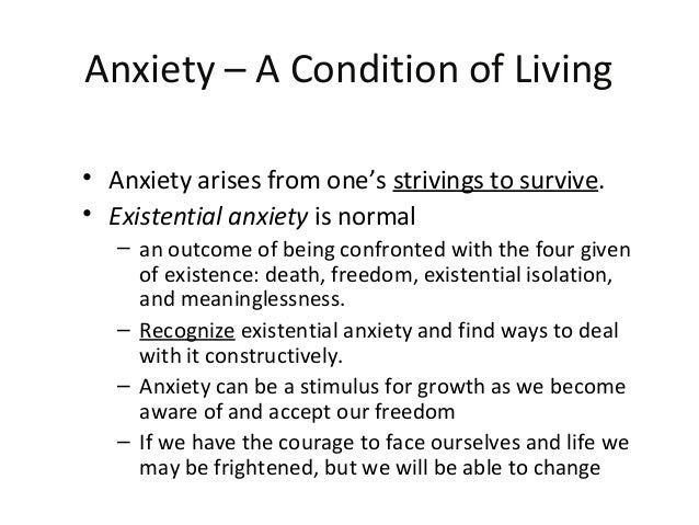 existential anxiety and neurotic anxiety The flight from anxiety through the avoidance of the anxiety-provoking or producing situation is decisive for the perpetuation of the anxiety-neurotic pattern of reaction frankl highlights the mechanisms involved thus: the symptom generates a corresponding phobia the phobia reinforces the symptom and the symptom thus intensified confirms . existential anxiety and neurotic anxiety The flight from anxiety through the avoidance of the anxiety-provoking or producing situation is decisive for the perpetuation of the anxiety-neurotic pattern of reaction frankl highlights the mechanisms involved thus: the symptom generates a corresponding phobia the phobia reinforces the symptom and the symptom thus intensified confirms .