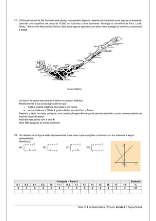 Teste nº 6 de Matemática / 9º ano/ Versão 1  Página 5 de 6
17. O Parque Natural da Ria Formosa está situado no sotavento algarvio, assente na importante zona lagunar aí existente,
cobrindo uma superfície de cerca de 18.000 ha, incluindo a área submersa. Abrange os concelhos de Faro, Loulé,
Olhão, Tavira e Vila Real de Sto António. Esta zona lagunar apresenta um óbvio valor ecológico e científico, económico
e social.
Um barco de pesca encontra-se à deriva no oceano Atlântico.
Relativamente à sua localização sabe-se que:
 Está à mesma distância da Fuzeta e de Tavira.
 A sua distância a Olhão é igual à distância entre Faro e Tavira.
Desenha a lápis, no mapa da figura, uma construção geométrica que te permita assinalar o ponto correspondente ao
local do barco de pesca.
Assinala esse ponto com a letra P.
Nota: Não apagues as linhas auxiliares.
18. No referencial da figura estão representadas duas retas cujas equações constituem um dos sistemas a seguir
apresentados.
Identifica-o.
(A) {
𝑦 = 𝑥 + 2
𝑦 − 2𝑥 = 0
(B) {
𝑦 = 𝑥 + 2
−2𝑥 = 𝑦
(C) {
𝑦 = 𝑥 + 2
𝑦 = 2𝑥
(D) {
𝑦 = 𝑥 + 2
𝑦 − 𝑥 = −1
Cotações – Parte 2 Subtotal
8.1. 8.2. 9.1. 9.2. 10. 11.1 11.2. 12. 13. 14. 15. 16. 17. 18. %
4 3 5 3 6 4 7 4 3 3 5 3 4 3 57
 