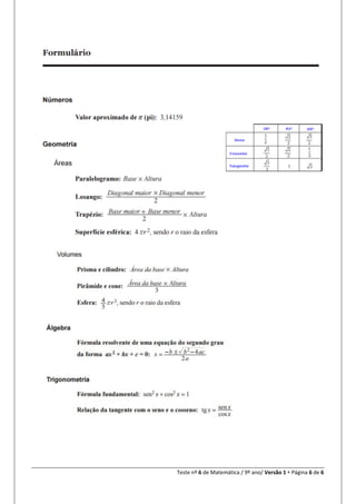 Teste nº 6 de Matemática / 9º ano/ Versão 1  Página 6 de 6
 