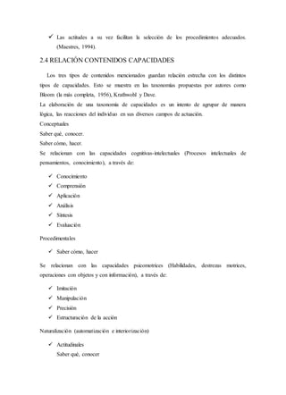  Las actitudes a su vez facilitan la selección de los procedimientos adecuados.
(Maestres, 1994).
2.4 RELACIÓN CONTENIDOS CAPACIDADES
Los tres tipos de contenidos mencionados guardan relación estrecha con los distintos
tipos de capacidades. Esto se muestra en las taxonomías propuestas por autores como
Bloom (la más completa, 1956), Krathwohl y Dave.
La elaboración de una taxonomía de capacidades es un intento de agrupar de manera
lógica, las reacciones del individuo en sus diversos campos de actuación.
Conceptuales
Saber qué, conocer.
Saber cómo, hacer.
Se relacionan con las capacidades cognitivas-intelectuales (Procesos intelectuales de
pensamientos, conocimiento), a través de:
 Conocimiento
 Comprensión
 Aplicación
 Análisis
 Síntesis
 Evaluación
Procedimentales
 Saber cómo, hacer
Se relacionan con las capacidades psicomotrices (Habilidades, destrezas motrices,
operaciones con objetos y con información), a través de:
 Imitación
 Manipulación
 Precisión
 Estructuración de la acción
Naturalización (automatización e interiorización)
 Actitudinales
Saber qué, conocer
 