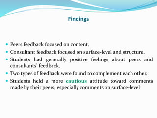 Findings
 Peers feedback focused on content.
 Consultant feedback focused on surface-level and structure.
 Students had generally positive feelings about peers and
consultants’ feedback.
 Two types of feedback were found to complement each other.
 Students held a more cautious attitude toward comments
made by their peers, especially comments on surface-level
 