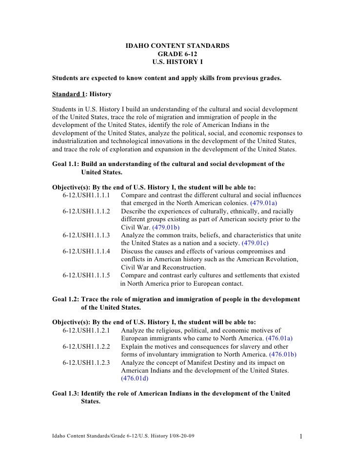 Idaho Content Standards U.S. History Standards (Grade 612)