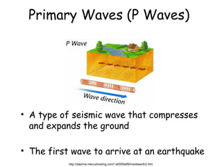 Primary Waves (P Waves)
• A type of seismic wave that compresses
and expands the ground
• The first wave to arrive at an earthquake
http://daphne.meccahosting.com/~a0000e89/insideearth2.htm
 
