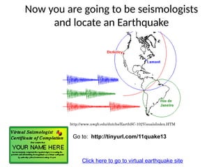 Now you are going to be seismologists
and locate an Earthquake
http://www.uwgb.edu/dutchs/EarthSC-102VisualsIndex.HTM
Go to: http://tinyurl.com/11quake13
Click here to go to virtual earthquake site
 