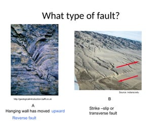 What type of fault?
A
Hanging wall has moved
http://geologicalintroduction.baffl.co.uk B
Source: indiana.edu
Reverse fault
upward
Strike –slip or
transverse fault
 