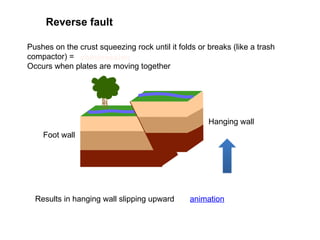 Reverse fault
Pushes on the crust squeezing rock until it folds or breaks (like a trash
compactor) =
Occurs when plates are moving together
Results in hanging wall slipping upward
Hanging wall
Foot wall
animation
compression
 