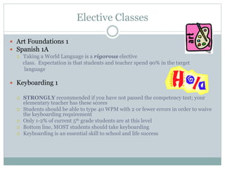 Elective Classes
 Art Foundations 1
 Spanish 1A
 Taking a World Language is a rigorous elective
class. Expectation is that students and teacher spend 90% in the target
language
 Keyboarding 1
 STRONGLY recommended if you have not passed the competency test; your
elementary teacher has these scores
 Students should be able to type 40 WPM with 2 or fewer errors in order to waive
the keyboarding requirement
 Only 1-2% of current 5th grade students are at this level
 Bottom line, MOST students should take keyboarding
 Keyboarding is an essential skill to school and life success
 