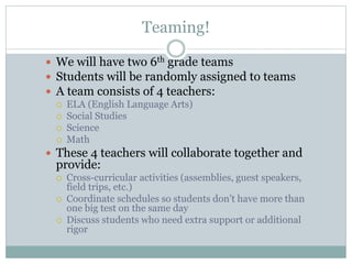 Teaming!
 We will have two 6th grade teams
 Students will be randomly assigned to teams
 A team consists of 4 teachers:
 ELA (English Language Arts)
 Social Studies
 Science
 Math
 These 4 teachers will collaborate together and
provide:
 Cross-curricular activities (assemblies, guest speakers,
field trips, etc.)
 Coordinate schedules so students don’t have more than
one big test on the same day
 Discuss students who need extra support or additional
rigor
 