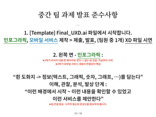 1. [Template] Final_UXD.ai 파일에서 시작합니다.
인포그라픽, 모바일 서비스 제작 > 제출, 발표, (팀원 중 1개) XD 파일 시연
2. 왼쪽 면 - 인포그라픽 :
✦1학기 리서치 내용 한 페이지로 정리 -> 없는 팀 있음. 지금부터 시작.
✦2학기 모바일 서비스 내용과 연결성이 핵심
“흰 도화지 -> 정보(텍스트, 그래픽, 숫자, 그래프, …)를 담는다”
이해, 관찰, 분석, 발상 단계 :
“이런 배경에서 시작 ~ 이런 내용을 확인할 수 있었고
이런 서비스를 제안한다”
✦팀 컨셉 중요. 시각적 밀도와 완성도를 중요하게 봅니다.
중간 팀 과제 발표 준수사항
/ 18
10
 