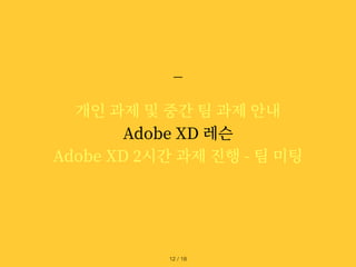 개인 과제 및 중간 팀 과제 안내


Adobe XD 레슨


Adobe XD
2
시간 과제 진행 - 팀 미팅
/ 18
12
 
