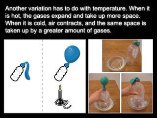 Another variation has to do with temperature. When it 
is hot, the gases expand and take up more space. 
When it is cold, air contracts, and the same space is 
taken up by a greater amount of gases. 
 