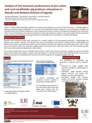 Analysis of the economic performance of peri-urban
and rural smallholder pig producer enterprises in
Masaka and Mukono Districts of Uganda
Lule Peter Mulindwa1,2, Ouma Emily1, Pezo Danilo1., and Elepu Gabriel2
1International Livestock Research Institute, Kampala, Uganda.
2Department of Agribusiness and Natural Resource Economics, Makerere University,
About 1.1 million (18%) households in Uganda are involved in pig production as a source of food and income. . Although piggery is
gaining prominence among smallholders, it is not one of the prioritized livestock enterprises in the Development Strategy and
Investment Plan of the Ministry of Agriculture, Animal Industry and Fisheries as well as in the National Development Plan. Moreover,
there is lack of information on the economic performance of the pig enterprise in Uganda. This study aimed to fill this information
gap by examining the profitability of the pig enterprise in smallholder farms in two districts of Mukono and Masaka.
• In general, smallholder pig
production systems showed a
positive gross margin (Table 1)
• The smallholder pig enterprises in
the urban-urban value chains had
higher gross margins than the
rural-urban value chain(Table 2)
Peter Lule Mulindwa
p.lule@cgiar.org ● P.O. Box 24384 Kampala Uganda ● +256 759127931
www.ilri.org
Acknowledgements: The authors thank the staff of Mukono and Masaka district local governments and participating farmers
Funding: International Fund for Agricultural Development - European Union (IFAD-EU), in the framework of the Smallholder Pig Value Chain Development (SPVCD) Project led
by ILRI .
This document is licensed for use under a Creative Commons Attribution –Non commercial-Share Alike 3.0
Unported License September 2014
October 2014
Producer level household surveys were conducted on a random sample of 132 pig keeping households in Katwe-Butego and
Kabonera sub counties in Masaka, and Mukono Town Council and Kyampisi sub counties in Mukono district. Katwe-Butego and
Mukono Town Council are typical urban-urban value chains whereas the other two represent rural-urban value chains. Rural – urban
value chain domains imply rural production targeting urban consumption areas while urban-urban value chain domains typically
refer to peri-urban production targeting the urban markets.
The economic performance of the smallholder pig production systems was assessed using gross margins per pig unit estimated
based on herd inflows and outflows, variable costs and revenues in a period of 12 months (June 2012-May 2013). A pig unit was
defined as equivalent to a breeding sow of more than 10 months of age with an average live weight of 62.2 kg.
Introduction
Materials and methods
Results Recommendations
Table 1: Annual gross margins in Uganda shillings per pig unit in
the study area
1 US dollar = 2500 Uganda shilling at the time of study
Value chain
domain type District
Gross
margins
Urban-urban
Masaka 136,157
Mukono 170,160
Rural-urban
Masaka 76,025
Mukono 124,918
Effective mean 126,815
Table 2: Annual gross margins by
value chain domain in Uganda Shillings
The profitability of smallholder pig
production in Uganda could be improved
by:
• Utilization of locally available feed
resources strategically supplemented to
reduce costs.
• Controlling piglet mortality through
hygiene measures and proper sow
feeding to increase milk production.
• Developing linkages with lucrative
markets and service providers through
sustainable business models.
Variable n Mean SEM
Pig Units 132 6.5 1.7
Revenues
a. Total sales 132 117,028 117,293
b. Inventory value 132 155,861 117,517
c. Boar service * 132 29,579 91,096
Total Revenue 132 302,468
Costs
a. Feeds 132 89,729 105,166
b. Labor 132 36,740 42,551
c. Pig health 132 8,644 8,617
d. Boar service * 132 4,411 5,257
Total Costs 132 139,524
Loss due to death and others 132 36,128 52,897
Gross margins 132 126,815
• Feeds represented the highest variable
cost (64%) (Table1).
* Boars service is a revenue for boar keepers and a cost for breeders
 