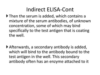 Indirect ELISA-Cont 
 Then the serum is added, which contains a 
mixture of the serum antibodies, of unknown 
concentration, some of which may bind 
specifically to the test antigen that is coating 
the well. 
 Afterwards, a secondary antibody is added, 
which will bind to the antibody bound to the 
test antigen in the well. This secondary 
antibody often has an enzyme attached to it 
 