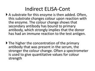 Indirect ELISA-Cont 
 A substrate for this enzyme is then added. Often, 
this substrate changes colour upon reaction with 
the enzyme. The colour change shows that 
secondary antibody has bound to primary 
antibody, which strongly implies that the donor 
has had an immune reaction to the test antigen. 
 The higher the concentration of the primary 
antibody that was present in the serum, the 
stronger the colour change. Often a spectrometer 
is used to give quantitative values for colour 
strength 
 
