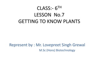 CLASS:- 6TH
LESSON No.7
GETTING TO KNOW PLANTS
Represent by : Mr. Lovepreet Singh Grewal
M.Sc (Hons) Biotechnology
 