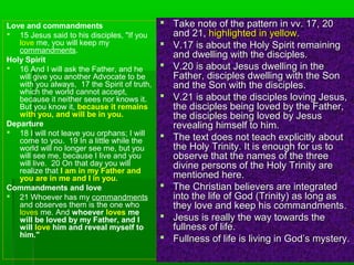 Love and commandments
 15 Jesus said to his disciples, "If you
love me, you will keep my
commandments.
Holy Spirit
 16 And I will ask the Father, and he
will give you another Advocate to be
with you always, 17 the Spirit of truth,
which the world cannot accept,
because it neither sees nor knows it.
But you know it, because it remains
with you, and will be in you.
Departure
 18 I will not leave you orphans; I will
come to you. 19 In a little while the
world will no longer see me, but you
will see me, because I live and you
will live. 20 On that day you will
realize that I am in my Father and
you are in me and I in you.
Commandments and love
 21 Whoever has my commandments
and observes them is the one who
loves me. And whoever loves me
will be loved by my Father, and I
will love him and reveal myself to
him."
 Take note of the pattern in vv. 17, 20Take note of the pattern in vv. 17, 20
and 21,and 21, highlightedhighlighted in yellow.in yellow.
 V.17 is about the Holy Spirit remainingV.17 is about the Holy Spirit remaining
and dwelling with the disciples.and dwelling with the disciples.
 V.20 is about Jesus dwelling in theV.20 is about Jesus dwelling in the
Father, disciples dwelling with the SonFather, disciples dwelling with the Son
and the Son with the disciples.and the Son with the disciples.
 V.21 is about the disciples loving Jesus,V.21 is about the disciples loving Jesus,
the disciples being loved by the Father,the disciples being loved by the Father,
the disciples being loved by Jesusthe disciples being loved by Jesus
revealing himself to him.revealing himself to him.
 The text does not teach explicitly aboutThe text does not teach explicitly about
the Holy Trinity. It is enough for us tothe Holy Trinity. It is enough for us to
observe that the names of the threeobserve that the names of the three
divine persons of the Holy Trinity aredivine persons of the Holy Trinity are
mentioned here.mentioned here.
 The Christian believers are integratedThe Christian believers are integrated
into the life of God (Trinity) as long asinto the life of God (Trinity) as long as
they love and keep his commandments.they love and keep his commandments.
 Jesus is really the way towards theJesus is really the way towards the
fullness of life.fullness of life.
 Fullness of life is living in God’s mystery.Fullness of life is living in God’s mystery.
 