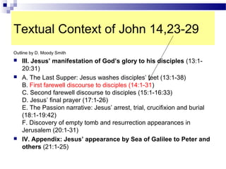 Textual Context of John 14,23-29
Outline by D. Moody Smith
 III. Jesus’ manifestation of God’s glory to his disciples (13:1-
20:31)
 A. The Last Supper: Jesus washes disciples’ feet (13:1-38)
B. First farewell discourse to disciples (14:1-31)
C. Second farewell discourse to disciples (15:1-16:33)
D. Jesus’ final prayer (17:1-26)
E. The Passion narrative: Jesus’ arrest, trial, crucifixion and burial
(18:1-19:42)
F. Discovery of empty tomb and resurrection appearances in
Jerusalem (20:1-31)
 IV. Appendix: Jesus’ appearance by Sea of Galilee to Peter and
others (21:1-25)
 