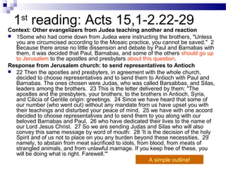 1st
reading: Acts 15,1-2.22-29
Context: Other evangelizers from Judea teaching another and reaction
 1Some who had come down from Judea were instructing the brothers, "Unless
you are circumcised according to the Mosaic practice, you cannot be saved." 2
Because there arose no little dissension and debate by Paul and Barnabas with
them, it was decided that Paul, Barnabas, and some of the others should go up
to Jerusalem to the apostles and presbyters about this question.
Response from Jerusalem church: to send representatives to Antioch
 22 Then the apostles and presbyters, in agreement with the whole church,
decided to choose representatives and to send them to Antioch with Paul and
Barnabas. The ones chosen were Judas, who was called Barsabbas, and Silas,
leaders among the brothers. 23 This is the letter delivered by them: "The
apostles and the presbyters, your brothers, to the brothers in Antioch, Syria,
and Cilicia of Gentile origin: greetings. 24 Since we have heard that some of
our number (who went out) without any mandate from us have upset you with
their teachings and disturbed your peace of mind, 25 we have with one accord
decided to choose representatives and to send them to you along with our
beloved Barnabas and Paul, 26 who have dedicated their lives to the name of
our Lord Jesus Christ. 27 So we are sending Judas and Silas who will also
convey this same message by word of mouth: 28 'It is the decision of the holy
Spirit and of us not to place on you any burden beyond these necessities, 29
namely, to abstain from meat sacrificed to idols, from blood, from meats of
strangled animals, and from unlawful marriage. If you keep free of these, you
will be doing what is right. Farewell.'"
A simple outline!
 