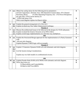 5 (a)
(b)
Obtain the scaling factor for the following device parameters:
(I) Gate Capacitance (II) Gate Area (III) Saturation Current (Idss) (IV) Channel
Resistance (Ron) (V) Max Operating Frequency (fo) (VI) Power Dissipation
per gate (Pg) (VII) Current density (J)
(VIII) Gate delay (Td).
With a neat diagram explain 4x4 Barrel shifter.
8
8
OR
6 (a)
(b)
Explain the general arrangement of a 4 bit ALU.
Explain in detail any One Adder Enhancement technique.
8
8
Module-4
7 (a)
(b)
(c)
Discuss the architectural issues to be followed in the design of a VLSI subsystem.
Explain in detail the Generic Structure of an FPGA fabric.
Explain switch logic implementation of a 4x4 four way multiplexer.
5
7
4
OR
8 (a)
(b)
Explain the Structured Design approach for the implementation of a Parity Generator
with
relevant stick diagram.
Explain Dynamic CMOS logic with an example.
8
8
Module-5
9 (a)
(b)
(c)
Explain 3-Transistor Dynamic RAM cell with Schematic and stick diagram.
List the System timing Considerations.
Explain any two fault models in combinational circuits.
6
4
6
OR
10 (a)
(b)
Explain Pseudo-Static RAM cell (CMOS) with schematic and stick diagram.
Write short notes on
I) Observability and Controllability
II) Built in Self Test (BIST)
8
8
 