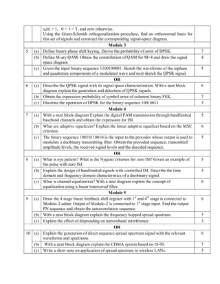 s4(t) = 1, 0 < t < T, and zero otherwise.
Using the Gram-Schmidt orthogonalization procedure, find an orthonormal basis for
this set of signals and construct the corresponding signal-space diagram.
Module 3
5 (a) Define binary phase shift keying. Derive the probability of error of BPSK. 7
(b) Define M-ary QAM. Obtain the constellation of QAM for M=4 and draw the signal
space diagram
4
(c) Given the input binary sequence 1100100001. Sketch the waveforms of the inphase
and quadrature components of a modulated wave and next sketch the QPSK signal.
5
OR
6 (a) Describe the QPSK signal with its signal space characterization. With a neat block
diagram explain the generation and detection of QPSK signals.
6
(b) Obtain the expression probability of symbol error of coherent binary FSK. 7
(c) Illustrate the operation of DPSK for the binary sequence 10010011 3
Module 4
7 (a) With a neat block diagram Explain the digital PAM transmission through bandlimited
baseband channels and obtain the expression for ISI.
5
(b) What are adaptive equalizers? Explain the linear adaptive equalizer based on the MSE
criterion.
6
(c) The binary sequence 10010110010 is the input to the precoder whose output is used to
modulate a duobinary transmitting filter. Obtain the precoded sequence, transmitted
amplitude levels, the received signal levels and the decoded sequence.
5
OR
8 (a) What is eye pattern? What is the Nyquist criterion for zero ISI? Given an example of
the pulse with zero ISI.
5
(b) Explain the design of bandlimited signals with controlled ISI. Describe the time
domain and frequency domain characteristics of a duobinary signal.
5
(c) What is channel equalization? With a neat diagram explain the concept of
equalization using a linear transversal filter.
6
Module 5
9 (a) Draw the 4 stage linear feedback shift register with 1st
and 4th
stage is connected to
Modulo-2 adder. Output of Modulo-2 is connected to 1st
stage input. Find the output
PN sequence and obtain the autocorrelation sequence.
6
(b) With a neat block diagram explain the frequency hopped spread spectrum. 7
(c) Explain the effect of dispreading on narrowband interference. 3
OR
10 (a) Explain the generation of direct sequence spread spectrum signal with the relevant
waveforms and spectrums.
6
(b) With a neat block diagram explain the CDMA system based on IS-95. 7
(c) Write a short note on application of spread spectrum in wireless LANs. 3
 