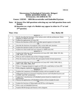 15EC62
Visvesvaraya Technological University, Belagavi
MODEL QUESTION PAPER – Set I
VI Semester, B.E (CBCS) EC/TC
Course: 15EC62 - ARM Microcontroller and Embedded Systems
Note: (i) Answer Five full questions selecting any one full question from each
Module.
(ii) Question on a topic of a Module may appear in either its 1st or/and
2nd question.
Time: 3 hrs Max. Marks: 80
MODULE – 1
1 a Briefly describe the functions of the various units with the architectural block
diagram of ARM Cortex M3. 6
b Explain the applications of Cortex M3. 3
c Discuss the functions of R0 to R15 and other special registers in Cortex M3. 7
OR
2 a Describe the functions of exceptions with a vector table and priorities. 6
b Explain the operation modes of Cortex M3 with diagrams. 3
c Explain two stack model and reset sequence in ARM cortex M3. 7
MODULE -2
3 a Explain the following 16 bit instructions in Cortex M3: ADC, RSB, TST, BL,
LDR, MOV, SVC, PUSH 7
b Write an ALP to find the sum of first 10 integer numbers. 4
c Write the memory map of Cortex M3 and explain briefly bit-band operations. 5
OR
4 a Explain the following 32 bit instructions in Cortex M3: AND, CMN, MLA,
SDIV, STR, MRS, MRS, POP 8
b Write a C language program to toggle an LED with a small delay in Cortex M3. 4
c With a diagram, explain the organization of CMSIS. 4
MODULE - 3
5 a Explain the 6 purposes of Embedded systems with an example for each. 6
b Differentiate between (i) General Computing Systems and Embedded Systems and
(ii) RISC and CISC architectures 4
c Explain the 3 classifications of Embedded systems based on complexity and
performance. 3
d Mention the applications of Embedded systems with an example for each. 3
OR
6 a Explain the functions of Optocoupler and SPI bus with diagrams. 6
b Write a note on Embedded firmware. 4
c Explain SRAM design and features with a diagram. 3
 