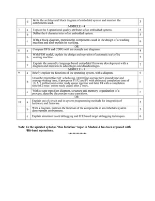 d Write the architectural block diagram of embedded system and mention the
components used. 3
MODULE – 4
7 a Explain the 6 operational quality attributes of an embedded systems. 5
b Define the 6 characteristics of an embedded system. 5
c With a block diagram, mention the components used in the design of a washing
machine and also explain its working. 6
OR
8 a Compare DFG and CDFG with an example and diagrams. 4
b
With FSM model, explain the design and operation of automatic tea/coffee
vending machine. 5
c Explain the assembly language based embedded firmware development with a
diagram and mention its advantages and disadvantages. 7
MODULE – 5
9 a Briefly explain the functions of the operating system, with a diagram. 4
b
Describe preemptive SJF scheduling. Determine average turn around time and
average waiting time, if processes P1 P2 and P3 with estimated completion time of
10, 5, 7 milliseconds enter ready queue together and later P4 with a completion
time of 2 msec enters ready queue after 2 msec.
5
c With a state transition diagram, structure and memory organization of a
process, describe the process state transitions. 7
OR
10 a Explain out of circuit and in-system programming methods for integration of
hardware and firmware. 5
b With a diagram, mention the function of the components in an embedded system
development environment. 5
c Explain simulator based debugging and ICE based target debugging techniques. 6
Note: In the updated syllabus ‘Bus Interface’ topic in Module-2 has been replaced with
‘Bit-band operations.
*************
 