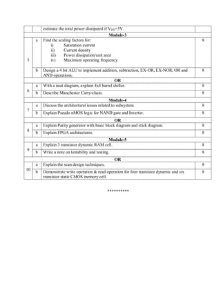 estimate the total power dissipated if VDD=5V.
Module-3
5
a Find the scaling factors for:
i) Saturation current
ii) Current density
iii) Power dissipation/unit area
iv) Maximum operating frequency
8
b Design a 4 bit ALU to implement addition, subtraction, EX-OR, EX-NOR, OR and
AND operations.
8
OR
6
a With a neat diagram, explain 4x4 barrel shifter. 8
b Describe Manchester Carry-chain. 8
Module-4
7
a Discuss the architectural issues related to subsystem. 8
b Explain Pseudo nMOS logic for NAND gate and Inverter. 8
OR
8
a Explain Parity generator with basic block diagram and stick diagram. 8
b Explain FPGA architectures. 8
Module-5
9
a Explain 3 transistor dynamic RAM cell. 8
b Write a note on testability and testing. 8
OR
10
a Explain the scan design techniques. 8
b Demonstrate write operation & read operation for four transistor dynamic and six
transistor static CMOS memory cell.
8
**********
 