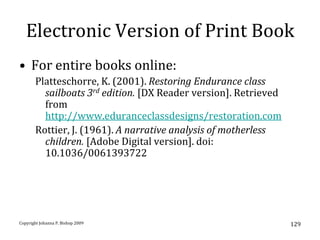 Electronic Version of Print Book
• For entire books online:
       Platteschorre, K. (2001). Restoring Endurance class
         sailboats 3rd edition. [DX Reader version]. Retrieved
         from
         http://www.eduranceclassdesigns/restoration.com
       Rottier, J. (1961). A narrative analysis of motherless
         children. [Adobe Digital version]. doi:
         10.1036/0061393722




Copyright Johanna P. Bishop 2009                                 129
 