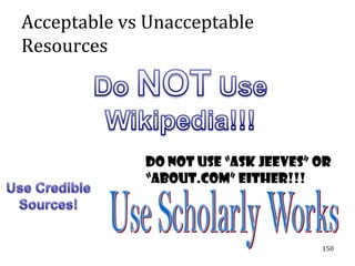 Acceptable vs Unacceptable
Resources




             Do NOT use “Ask Jeeves” or
             “About.com” either!!!



                                     150
 