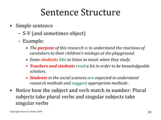 Sentence Structure
• Simple sentence
   – S-V (and sometimes object)
   – Example:
               • The purpose of this research is to understand the reactions of
                 caretakers to their children’s mishaps at the playground.
               • Some students like to listen to music when they study.
               • Teachers and students read a lot in order to be knowledgeable
                 scholars.
               • Students in the social sciences are expected to understand
                 research methods and suggest appropriate methods .
• Notice how the subject and verb match in number: Plural
  subjects take plural verbs and singular subjects take
  singular verbs
Copyright Johanna P. Bishop 2009                                              28
 