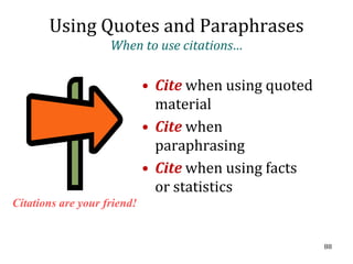 Using Quotes and Paraphrases
                    When to use citations…

                             • Cite when using quoted
                               material
                             • Cite when
                               paraphrasing
                             • Cite when using facts
                               or statistics
Citations are your friend!


                                                        88
 