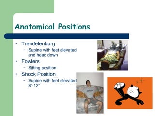 Anatomical Positions Trendelenburg Supine with feet elevated and head down Fowlers Sitting position Shock Position Supine with feet elevated 8”-12” 