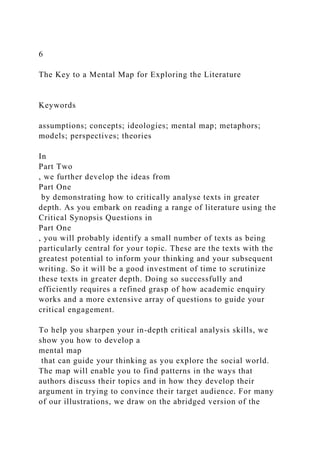 6
The Key to a Mental Map for Exploring the Literature
Keywords
assumptions; concepts; ideologies; mental map; metaphors;
models; perspectives; theories
In
Part Two
, we further develop the ideas from
Part One
by demonstrating how to critically analyse texts in greater
depth. As you embark on reading a range of literature using the
Critical Synopsis Questions in
Part One
, you will probably identify a small number of texts as being
particularly central for your topic. These are the texts with the
greatest potential to inform your thinking and your subsequent
writing. So it will be a good investment of time to scrutinize
these texts in greater depth. Doing so successfully and
efficiently requires a refined grasp of how academic enquiry
works and a more extensive array of questions to guide your
critical engagement.
To help you sharpen your in-depth critical analysis skills, we
show you how to develop a
mental map
that can guide your thinking as you explore the social world.
The map will enable you to find patterns in the ways that
authors discuss their topics and in how they develop their
argument in trying to convince their target audience. For many
of our illustrations, we draw on the abridged version of the
 
