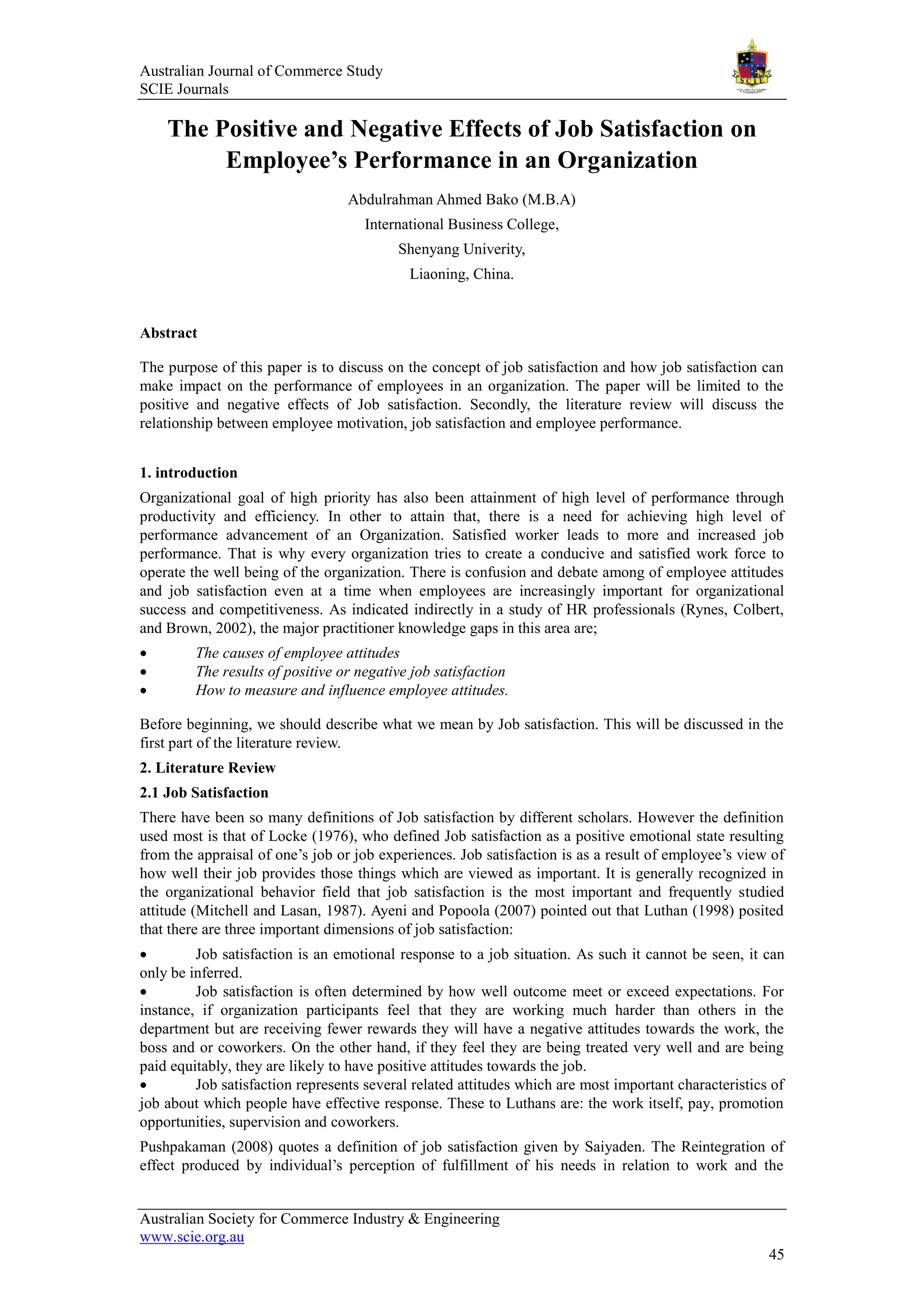 the positive and negative effects of job satisfaction | PDF