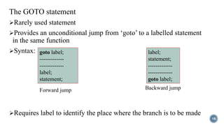 The GOTO statement
Rarely used statement
Provides an unconditional jump from ‘goto’ to a labelled statement
in the same function
Syntax:
Requires label to identify the place where the branch is to be made
18
goto label;
-------------
-------------
label;
statement;
label;
statement;
-------------
-------------
goto label;
Forward jump Backward jump
 