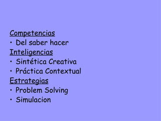 Competencias Del saber hacer Inteligencias Sintética Creativa Práctica Contextual Estrategias Problem Solving Simulacion 