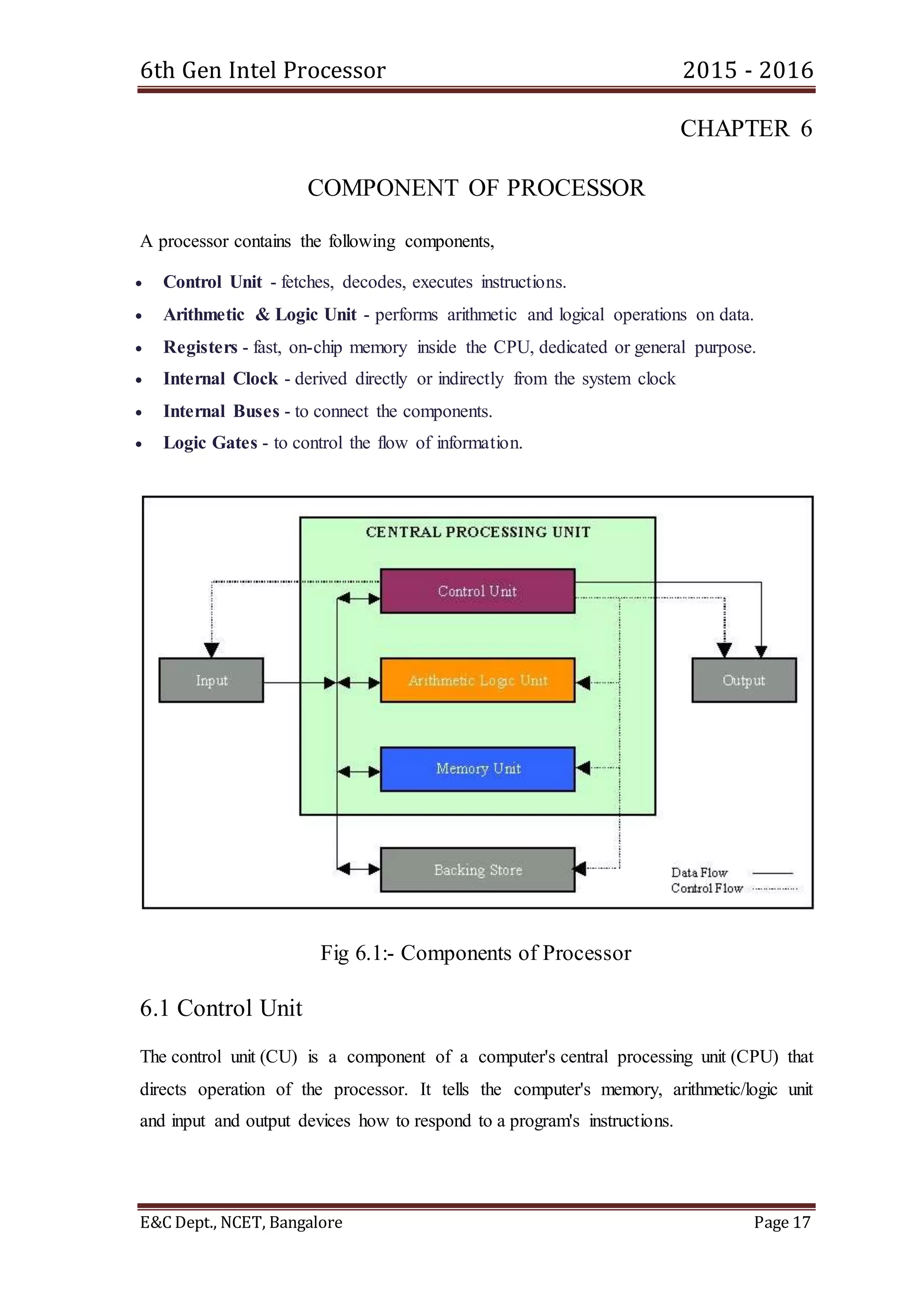 6th Gen Intel Processor 2015 - 2016
E&C Dept., NCET, Bangalore Page 17
CHAPTER 6
COMPONENT OF PROCESSOR
A processor contains the following components,
 Control Unit - fetches, decodes, executes instructions.
 Arithmetic & Logic Unit - performs arithmetic and logical operations on data.
 Registers - fast, on-chip memory inside the CPU, dedicated or general purpose.
 Internal Clock - derived directly or indirectly from the system clock
 Internal Buses - to connect the components.
 Logic Gates - to control the flow of information.
Fig 6.1:- Components of Processor
6.1 Control Unit
The control unit (CU) is a component of a computer's central processing unit (CPU) that
directs operation of the processor. It tells the computer's memory, arithmetic/logic unit
and input and output devices how to respond to a program's instructions.
 