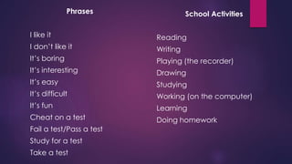 Phrases 
I like it 
I don’t like it 
It’s boring 
It’s interesting 
It’s easy 
It’s difficult 
It’s fun 
Cheat on a test 
Fail a test/Pass a test 
Study for a test 
Take a test 
School Activities 
Reading 
Writing 
Playing (the recorder) 
Drawing 
Studying 
Working (on the computer) 
Learning 
Doing homework 
 